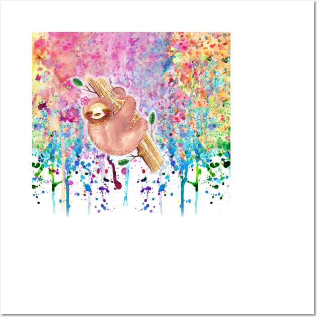 Girly Sloth Watercolor Rainbow Paint Drip Wall Art by saradaboru